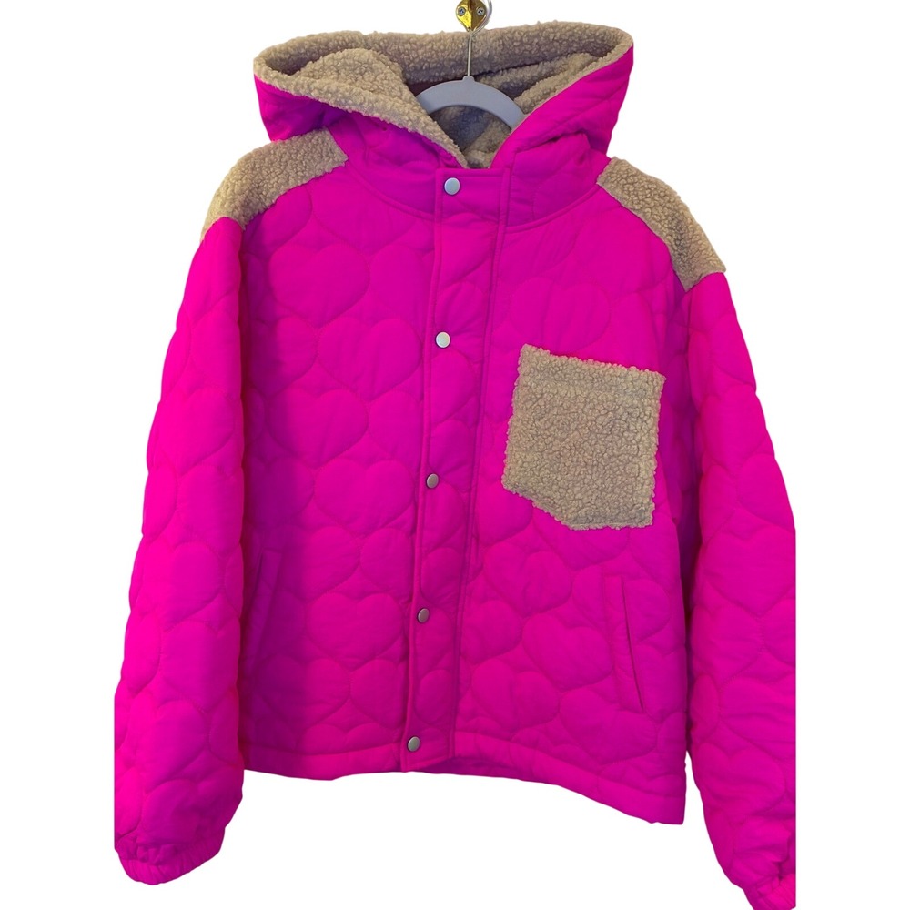 White Birch Hot Pink Heart Quilted Jacket Sherpa Trim Hooded Small